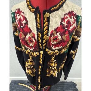Vintage Novelty Knit Cardigan Sweater Roses Floral Gold Buttons 90s